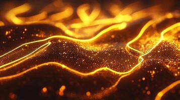 Luminous waves cascade with golden brilliance, illuminating a textured landscape with trails of light and shimmering dust. photo