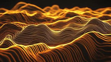 Abstract golden waves undulate and glow in the dark, creating a mesmerizing digital landscape of interconnected lines and organic forms. photo