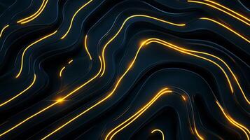Abstract lines and contours, resembling topographic maps with glowing yellow lines highlighting contours over a dark surface. photo