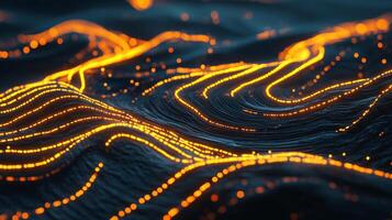 Abstract illuminated wavy lines on a dark backdrop, conveying a sense of motion and flow with bright spots enhancing the visual appeal. photo