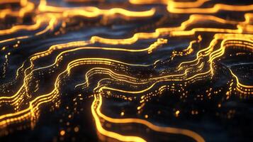 Abstract golden glowing lines weave through a dark textured surface, creating a network-like pattern with bright light points. photo