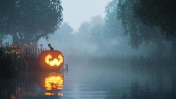 Eerie Halloween scene with a glowing pumpkin floating on a misty lake. A spooky ambiance and a pixelated art style create a unique atmosphere. photo