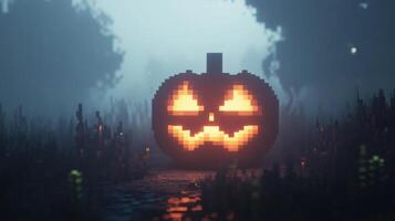 A pixelated pumpkin glows with a warm light amidst tall grass, embodying the spirit of the season in a mysterious, atmospheric scene. photo