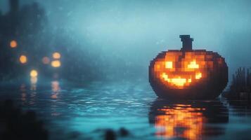 Glowing, blocky jack-o'-lantern reflected on rippled water with soft focus lights in the distance evokes a spooky, autumnal atmosphere. photo