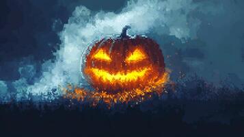 Pixelated Jack-o'-lantern glows with eerie light, pixel art aesthetic adds a retro, spooky charm to this haunting Halloween image. photo