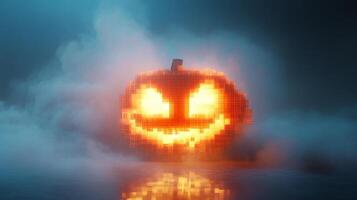 A pixelated jack-o'-lantern glows eerily amidst swirling fog, casting a reflection on a watery surface in a spooky atmosphere. photo