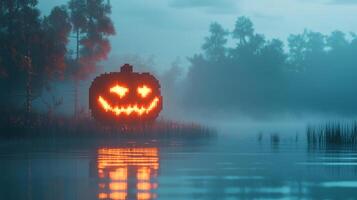 A pixelated glowing jack-o'-lantern sits near a foggy lake in a spooky scene, perfect for autumn and Halloween festivities. photo