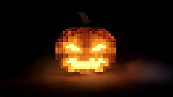 Pixelated pumpkin carving illuminated in darkness, radiating a festive Halloween glow with a voxel art style. Modern and spooky. photo