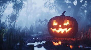 Pixelated pumpkin lantern glows brightly, casting an eerie light in the foggy night, creating a spooky Halloween atmosphere. photo