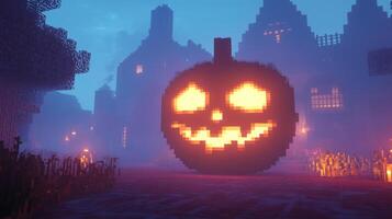 A pixelated jack-o-lantern glows eerily against the foggy backdrop of blocky structures, creating a digital Halloween scene. photo