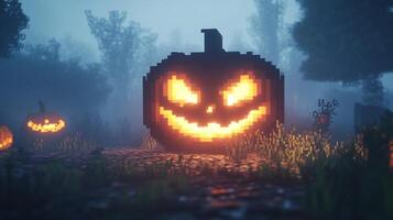 A pixelated pumpkin glows with a warm, eerie light in a foggy, digital forest. The Halloween scene evokes nostalgia and a sense of mystery. photo