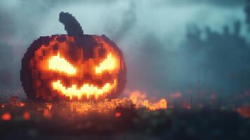 A pixelated jack-o'-lantern with a glowing, spooky face sits in a foggy field, perfect for Halloween. photo