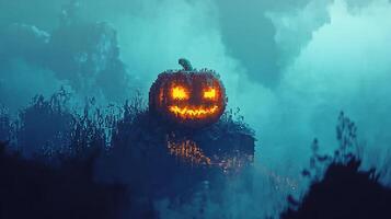 Pixelated pumpkin glows against a misty, moody sky. Dark, atmospheric digital art evokes a spooky, mysterious Halloween scene. photo