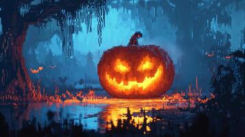 A digital, pixelated jack-o'-lantern shines brightly in a spooky, blocky forest, casting an eerie glow on the water for a festive scene. photo
