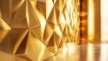 Golden geometric wall catches the light, casting reflections on a glossy floor. A sophisticated and modern backdrop in warm, metallic tones. photo