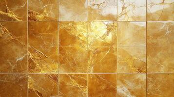 Golden brown marble pattern on square tiles creating a textured surface. Elegant, luxurious feel with intricate veining details. photo