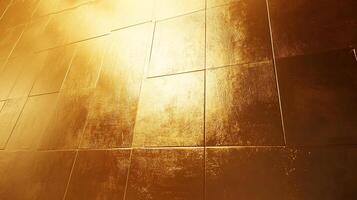 Gleaming golden tiles arranged in a grid pattern, creating a visually stunning and luxurious surface. A warm and inviting textured wall. photo