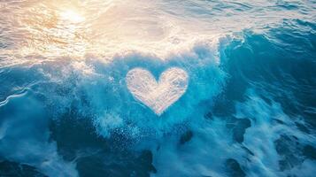 Ocean wave cresting with heart shape illuminated by sunlight, symbolizing love and tranquility with its vivid blue color. photo