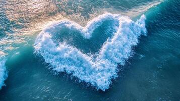 Wave crashing in the ocean forming a natural heart shape. The sunlight creates an ethereal glow on the blue water's surface. photo