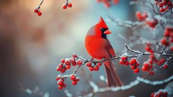 Vibrant red cardinal perched on a snowy branch adorned with red berries in a serene winter scene, a splash of color against the cold. photo