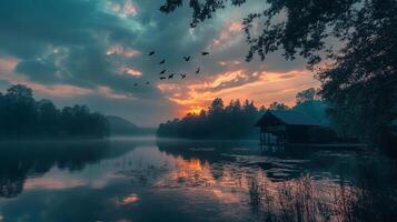 Picturesque sunrise over a serene lake with a small boathouse and birds flying, capturing a tranquil, early morning landscape. photo