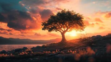 Scenic sunset silhouette of a tree on a hilltop overlooking a lake. The sky is filled with warm colors from the setting sun. photo
