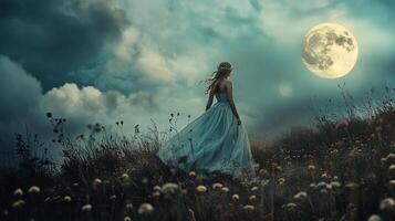 A woman in a long dress walks through a field under a bright full moon, evoking a sense of serenity and mystique in the twilight. photo