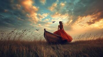 A woman in red dress on a boat in a field with birds in the sky at sunset, creating a serene and dreamy atmosphere. photo