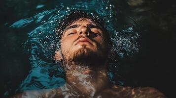 A man is floating in dark water, eyes closed. He seems to be in a meditative state, relaxed and calm, surrounded by the tranquility of water. photo