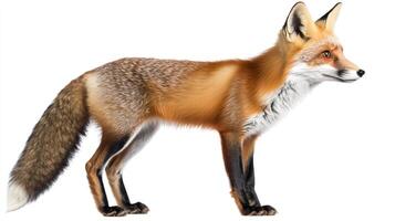 Red fox standing elegantly against a pristine white backdrop, showcasing its vibrant fur and keen gaze in a captivating side profile. photo