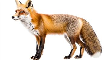A side profile capturing the beauty of a red fox, showcasing its luxurious fur and elegant stature against a seamless white backdrop. photo