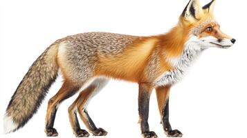 A poised red fox, its amber eyes gleaming, stands alert against a clean, white backdrop, showcasing its striking fur and elegant stance. photo