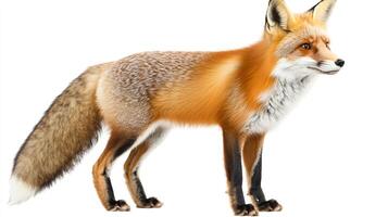 A poised fox stands tall, showcasing its vibrant coat and alert expression against a stark background, capturing its wild essence. photo