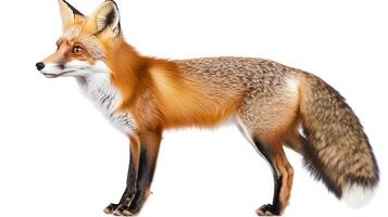 Red fox isolated against a plain white background, showcasing its vibrant fur and sharp features in a side-profile pose. photo