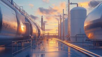 Industrial facility at sunset. Large, metallic tanks gleam under the colorful sky, reflecting on the wet platform creating mirrored effect. photo