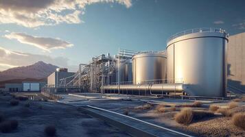 Industrial complex featuring large tanks and pipeline infrastructure, set against a mountainous backdrop under a clear sky. photo