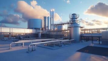 Industrial complex at dusk with tanks, pipes, and processing units gleaming under soft sunlight against a partly cloudy sky. photo