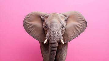 African elephant close-up portrait against vibrant pink. Majestic, with tusks, large ears, and a wrinkled trunk, captivating wildlife image. photo