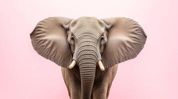 Majestic elephant portrait on a pink background. Its large ears and long trunk dominate the frame, highlighting its magnificent presence. photo