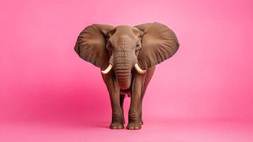Elephant portrait on bright pink background. Majestic and imposing. Triumphant pose. Symbol of strength, memory and longevity. photo