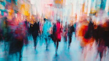 Abstract cityscape with blurred figures, capturing the energy and movement of urban life with vibrant colors and dynamic composition. photo
