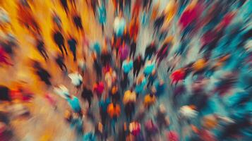 A vibrant, blurred aerial view of a dense crowd showcasing an abstract representation of movement and urban life from above. Busy street scene. photo