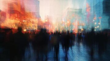 Abstract city scene with blurred figures, reflecting a sense of urban movement and vibrant city lights against tall buildings. photo