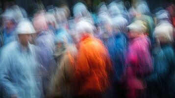 A blurry group of people walking, wearing jackets of different colors. Looks like a motion blur, abstract art, or impressionism. photo