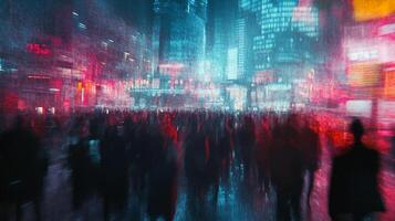 Crowded city street with neon lights and blurred motion creates a futuristic and bustling atmosphere. A captivating urban scene. photo