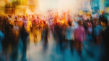 Abstract image captures the feeling of movement through a busy street with a large crowd of people during the day. photo