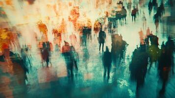 Blurred figures walk a busy street with the lights above blending to create a sense of motion. The image is dreamy and textured. photo