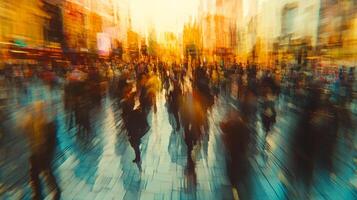 Motion blur captures the energy of a bustling city street filled with pedestrians, creating a sense of dynamism and anonymity. photo