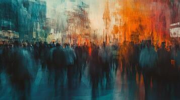 Abstract depiction of a busy city street scene with blurred figures blending together in a vibrant display of colors. photo