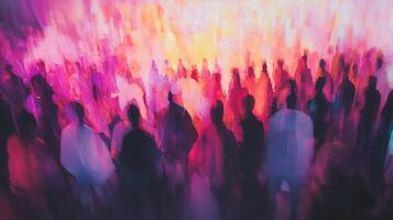 Abstract crowd of silhouetted people bathed in vibrant pink, purple, and yellow light, creating a sense of energy and excitement. photo
